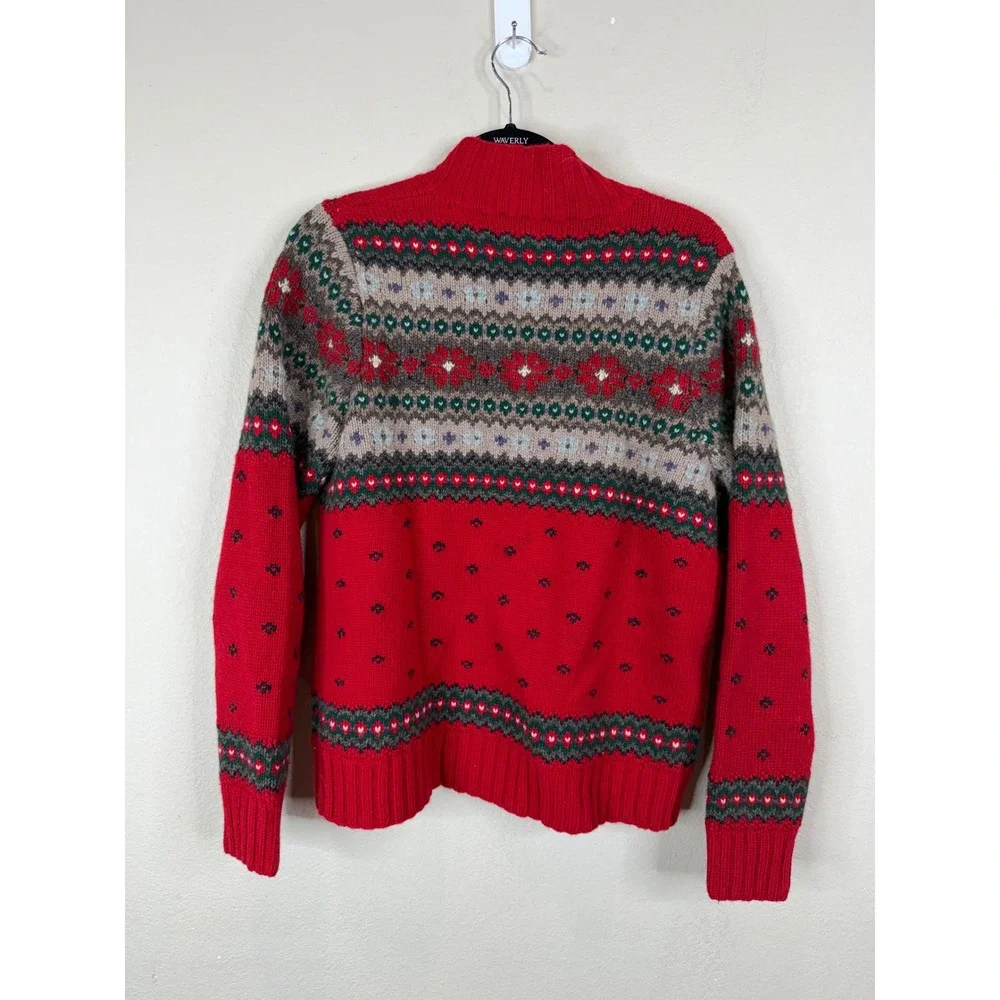 Lauren Ralph Lauren‎ Hand Knit Lambswool Fair Isle Full Zip Sweater Red Small